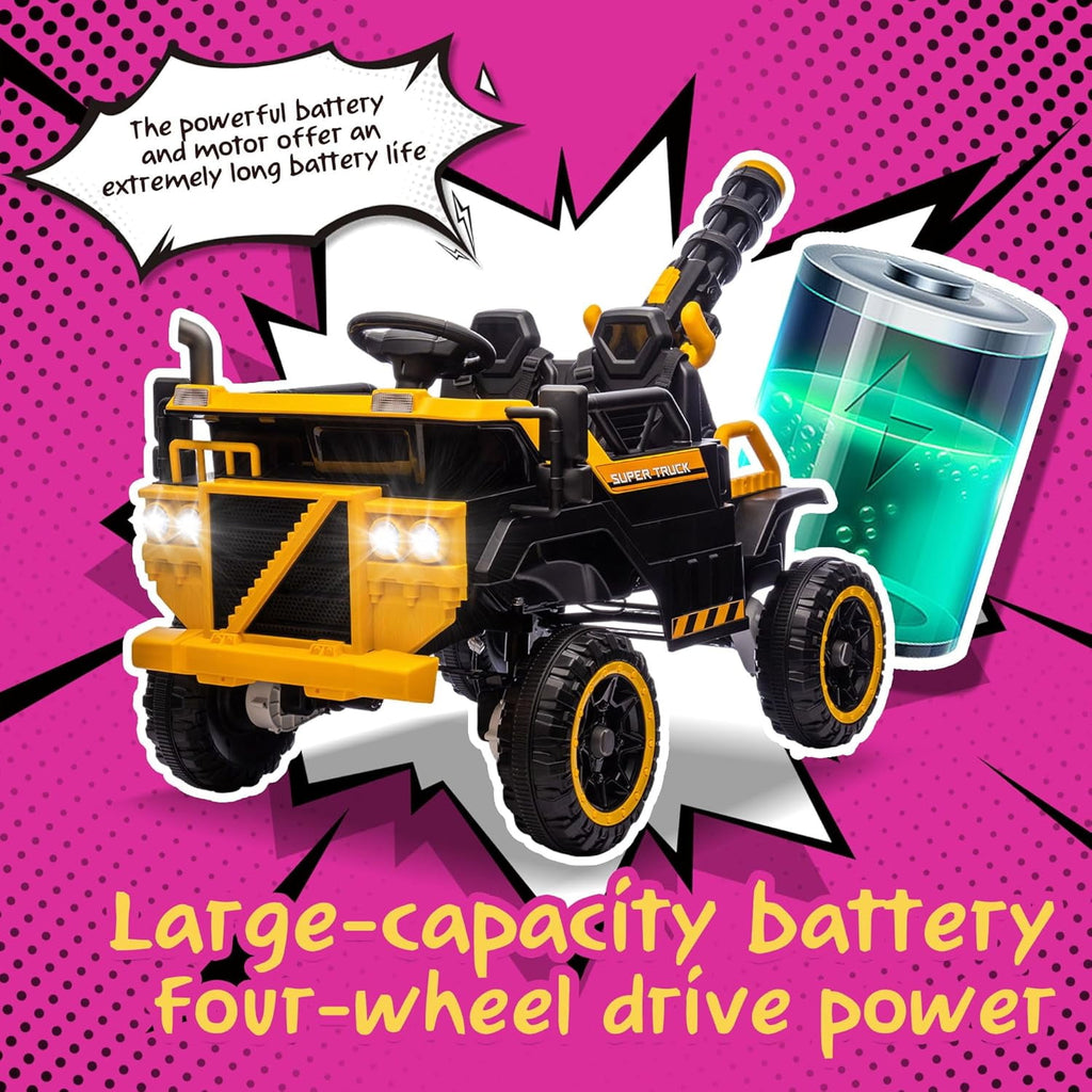 Track Seven 24V Ride on Car, 3-Seater Elecric car with Water Gun, Bluetooth, Remote Control, LED Lights, 2WD/4WD, Off-Road Truck for Boys Girls Age 3+, Yellow