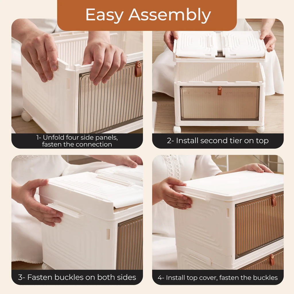 COOKCOK 3 Tier Foldable Storage Box, Plastic Drawers with lids Storage Organizer Containers for Bedroom, Toys Room, Kitchen, Office, Stackable Storage Bins with Wheels
