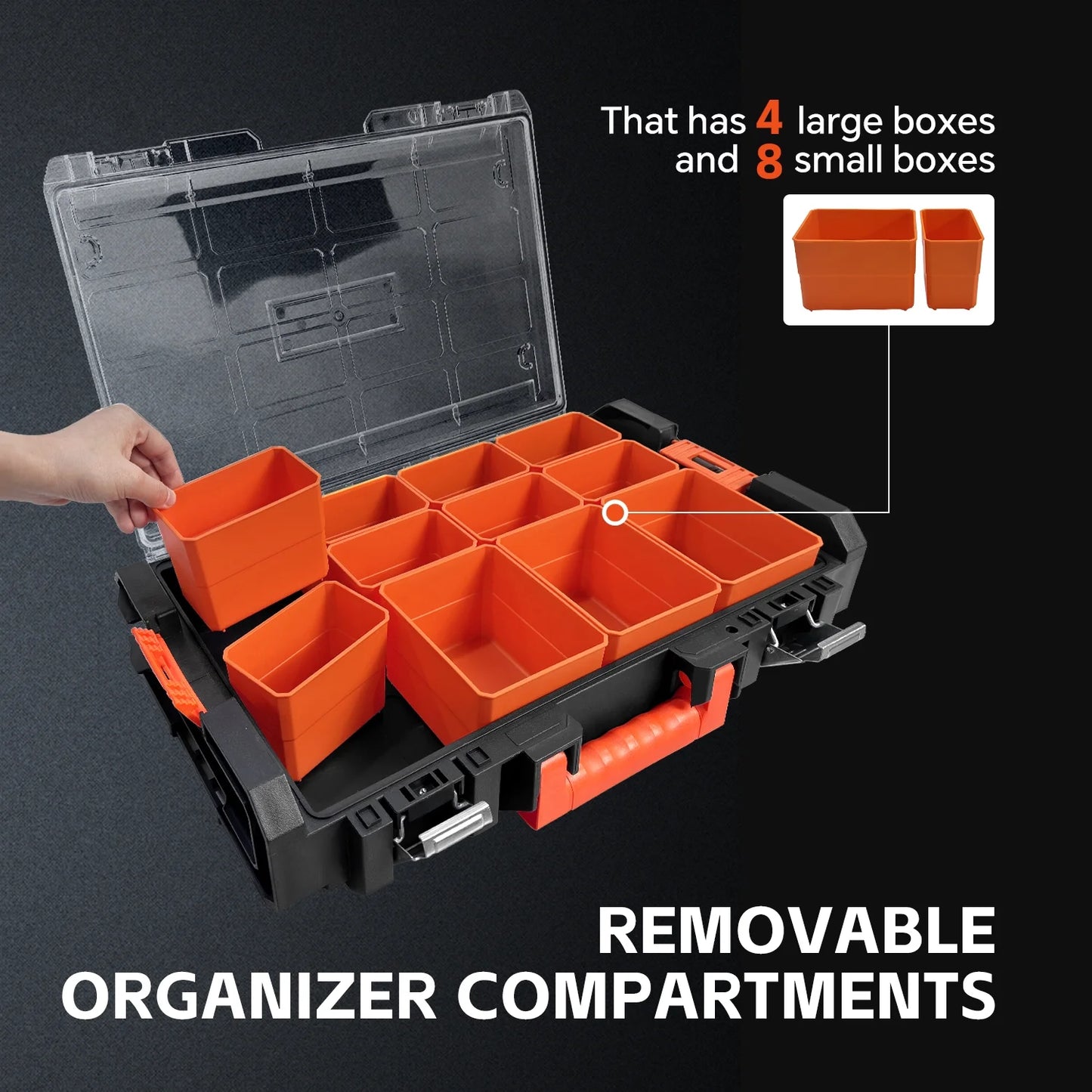 COOKCOK Stackable Storage System - 4 Pieces Set, Rolling Tool Box Set Mobile Tool Chest Storage Organizer Portable . Mobile Utility Cart with Comfort Grip Handle and Tough Latches, Black