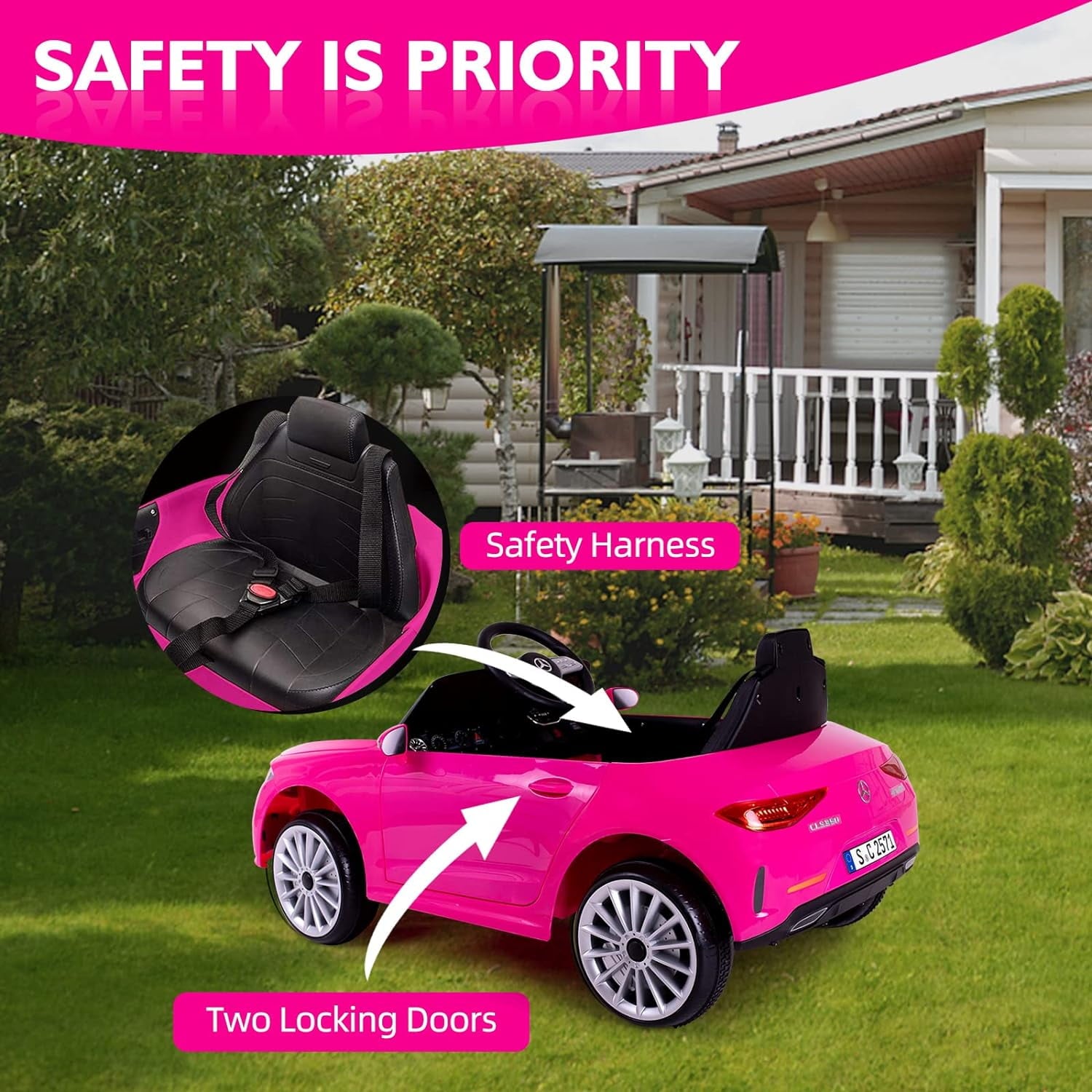 Track 7 12V Ride on Car, Licensed Mercedes-Benz CLS 350 Electric Car for Kids, Ride on Car with Remote Control, Music, Power Display, LED Lights, MP3, Kids Car for Age 3+, Pink