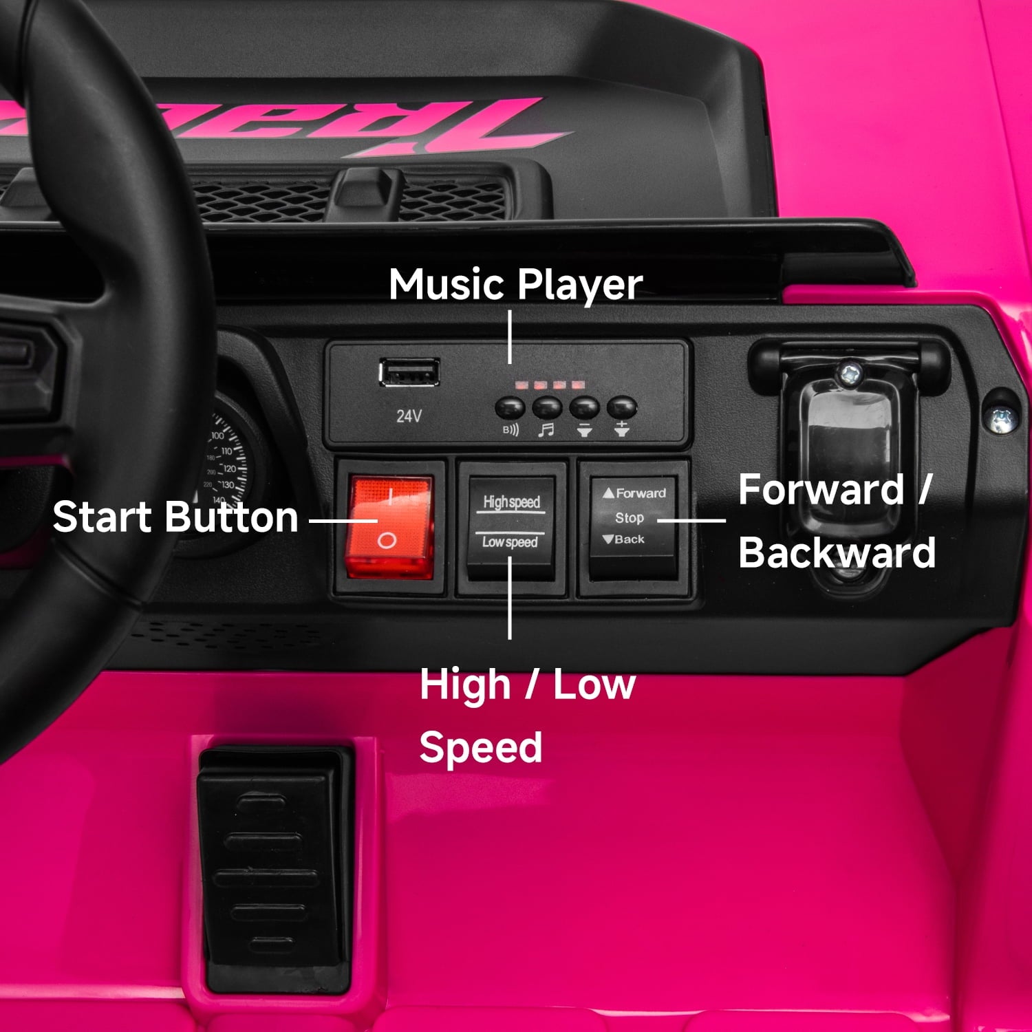 Track 7 24V Ride on Car, Electric Golf Cart with Ceiling, Ride on Truck with Remote Control, Music, Rear Storage Box, Electric Car for Boys Girls Age 3+, 18.5" Large Seat with Armrests, Pink