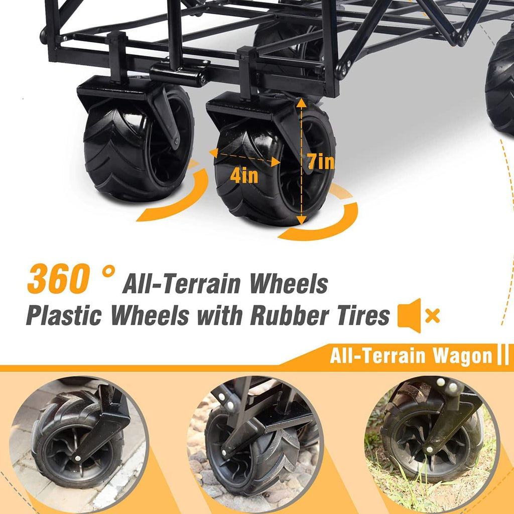 COOKCOK Collapsible Heavy Duty Wagon Cart, Outdoor Folding Utility Camping Garden Beach Cart with Universal Wheels & Adjustable Handle Shopping, Black