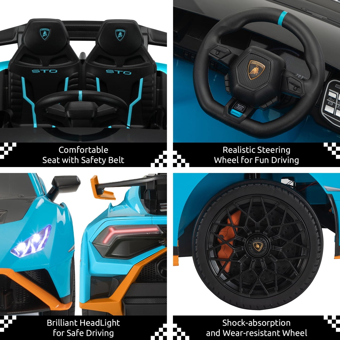 Track 7 12V Kids Ride on Car, Licensed Lamborghini STO Electric Car for Kids Age 3+, Remote Control, Music, Motorized Drift Electric Vehicle, Max Speed 5mph, Blue