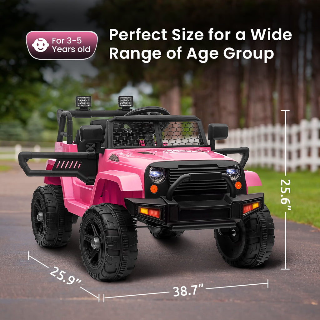 Track 7 Kids Ride on Truck, 12V Electric Car for Boys Girls Age 3+, Music, Ride on Car with Remote Control, Pink