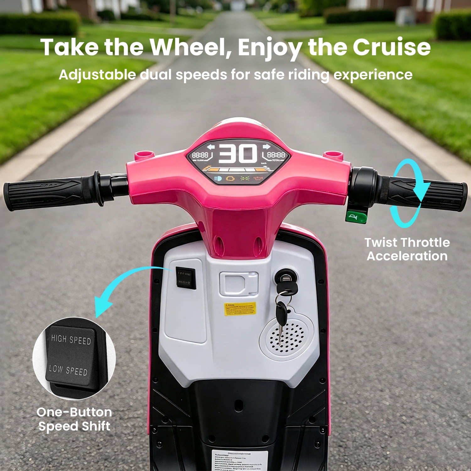 Track Seven 24V Ride on Motorcycle, 250W Ride-on Scooter Moped with Twist Throttle, LED Light, 12" Pneumatic Tires, Bluetooth, Max 10Mph, 24V Electric Motorcycle for Kids Girls Boys Aged 8-12, Rose