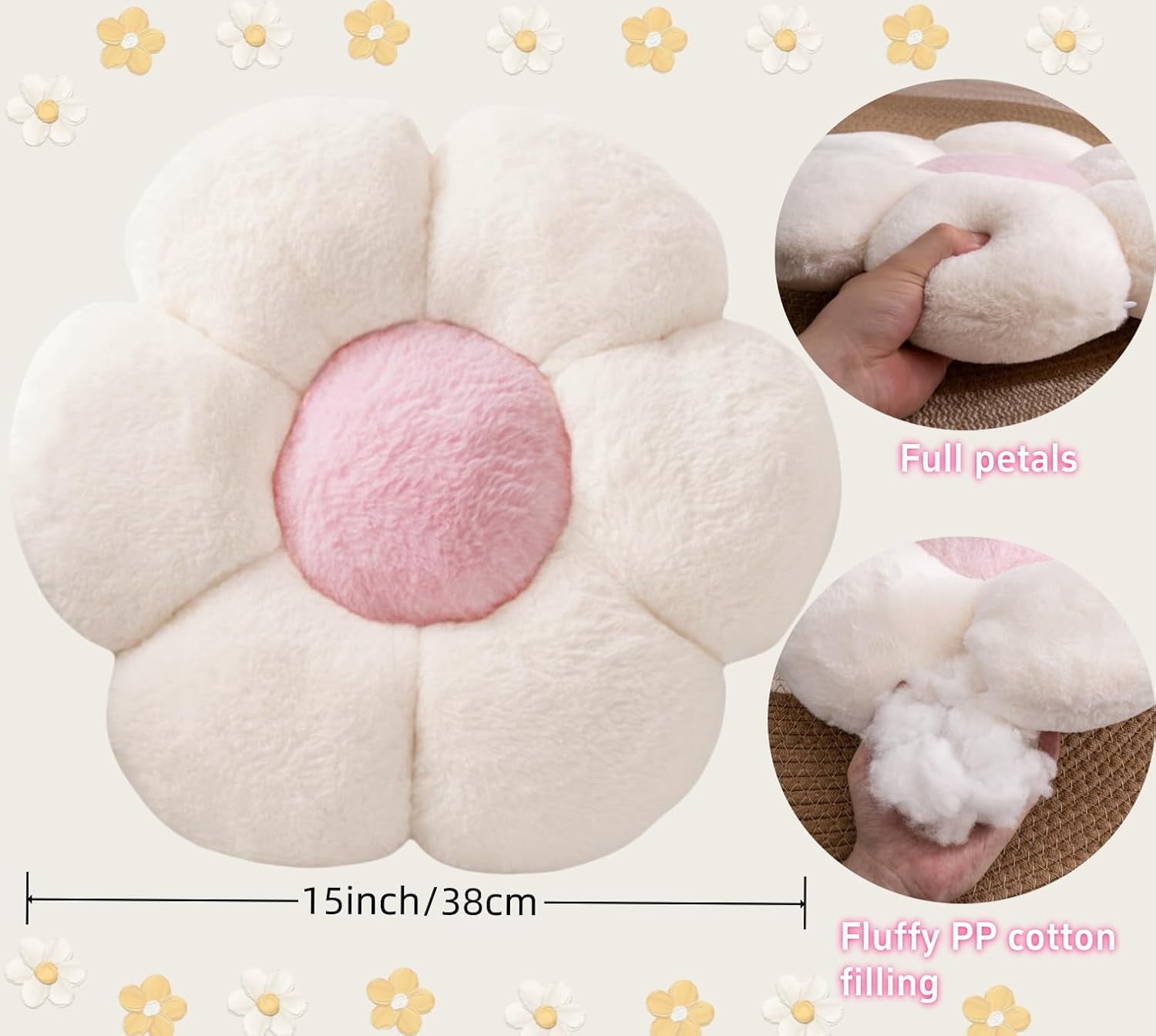 COOKCOK 2 Pcs Flower Pillow 15" Flower Throw Pillows, Cute Daisy Flower Shaped Floor Pillow Seat Cushions, Decorative Throw Pillows for Bedroom, Living Room