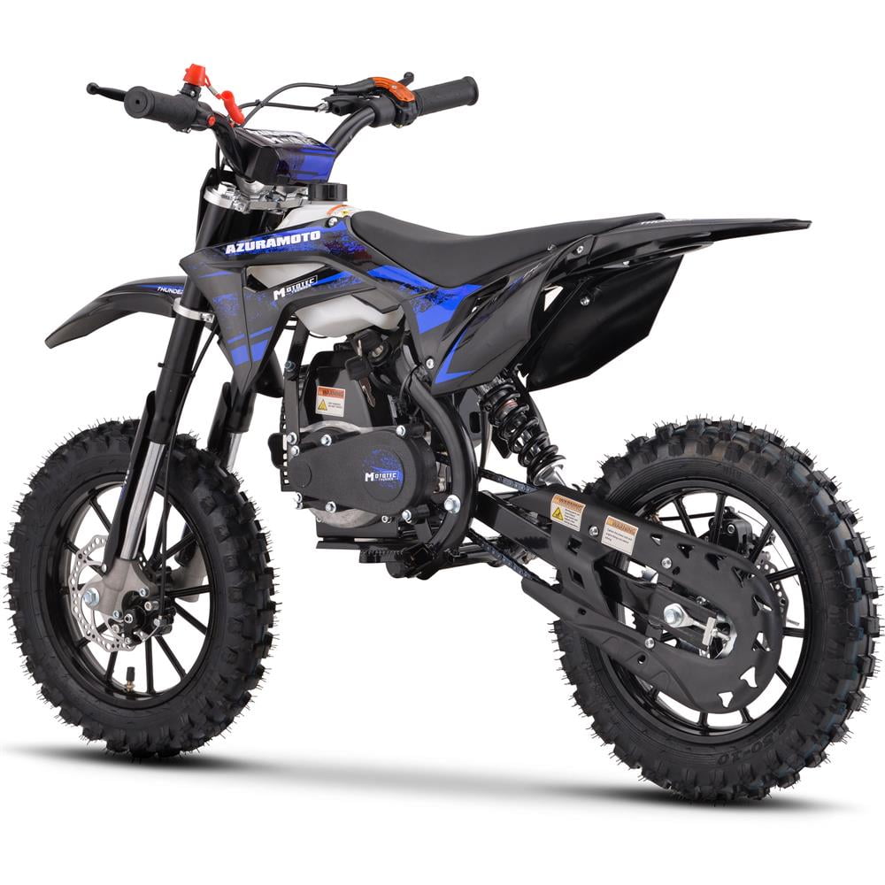 Track 7 50CC 2-Stroke Gas Dirt Bike for Kids, Up to 25 MPH, Mini Dirt Bike with Rear Suspension, Kill Switch, Disck Brakes, 150lbs Max Load, 1.6L Tank, Blue