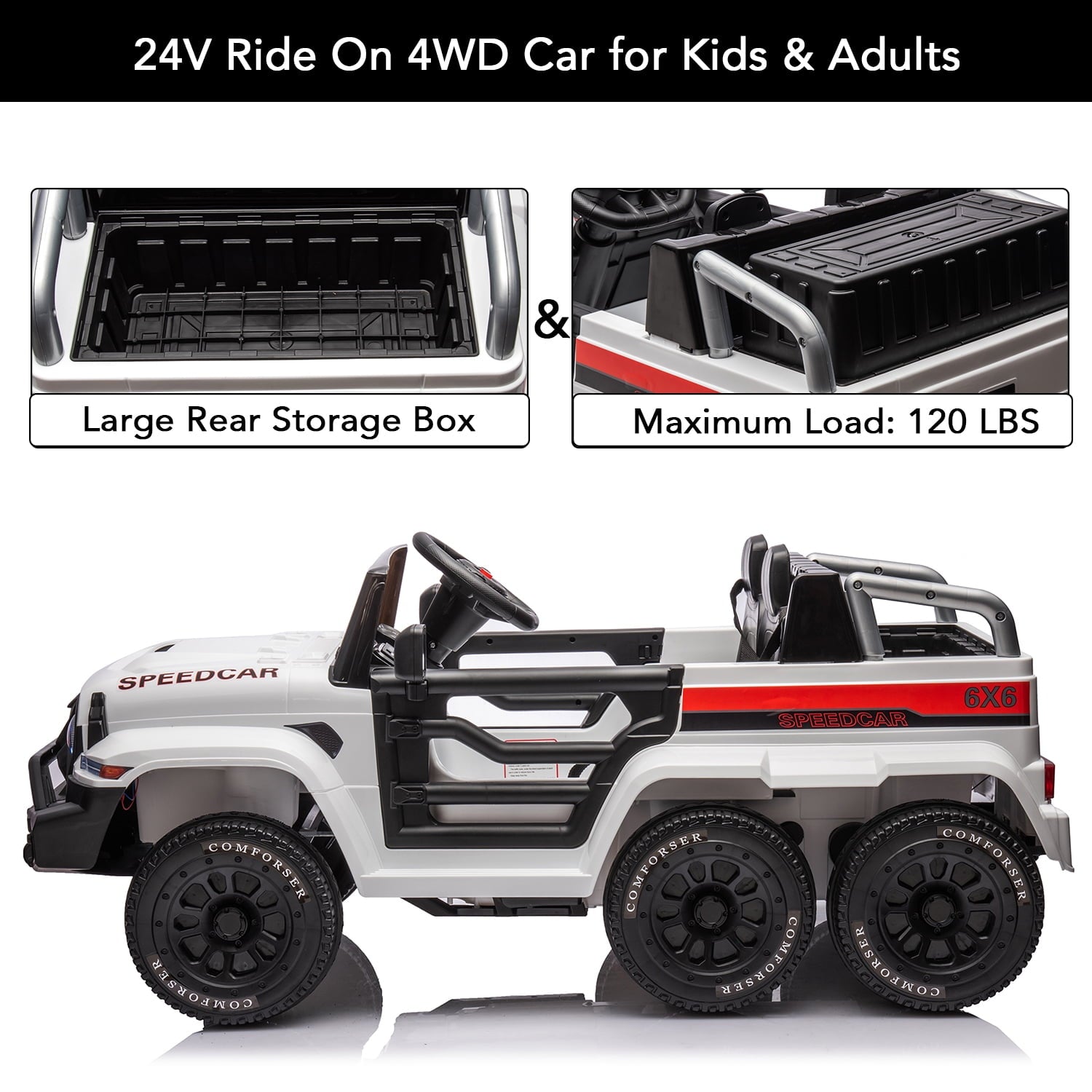 Track 7 24V Ride on Car, 4WD Electric Car for Boys Girls Age 3+, 6 Wheels Ride on Car with Remote Control, Music, Lights, Rocking Mode, Storage Box, White