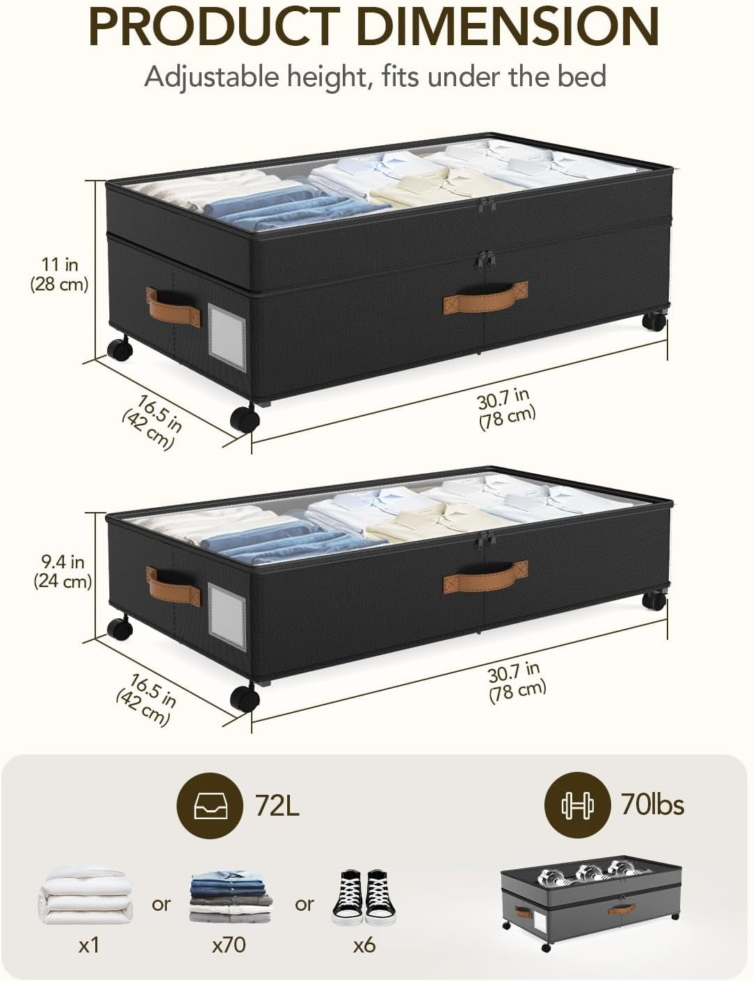 COOKCOK Under Bed Storage with Wheels, 72L XXL Under the Bed Storage Containers Large, 11‘’ Tall Adjustable Storage for Underbed with Lids, Rolling for Shoes, Clothes, Blankets, Black