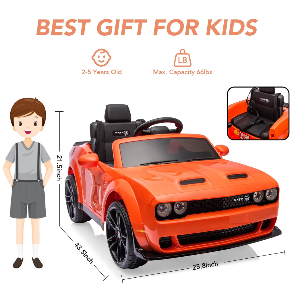 Track 7 Kids Ride on Car, Licensed Dodge Challenger SRT 12V Electric Car for Kids Age 3+, Remote Control, Music