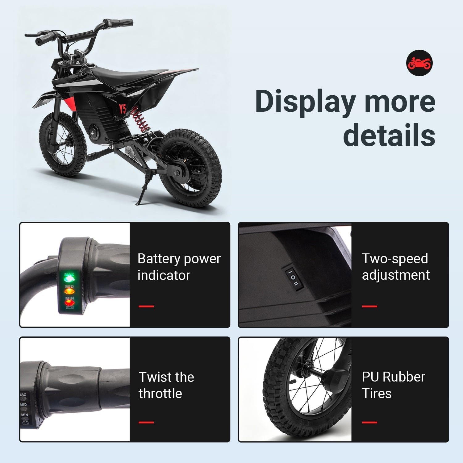Track Seven 24V Electric Dirt Bike, 250W Ride on Motorcycle, 3 Speed Up-to 9.32 mph, Battery Display, Rear Suspension, Disc Brake, Bluetooth, LED Light, Electric Motocross Bike for Kids Age 8+, Black