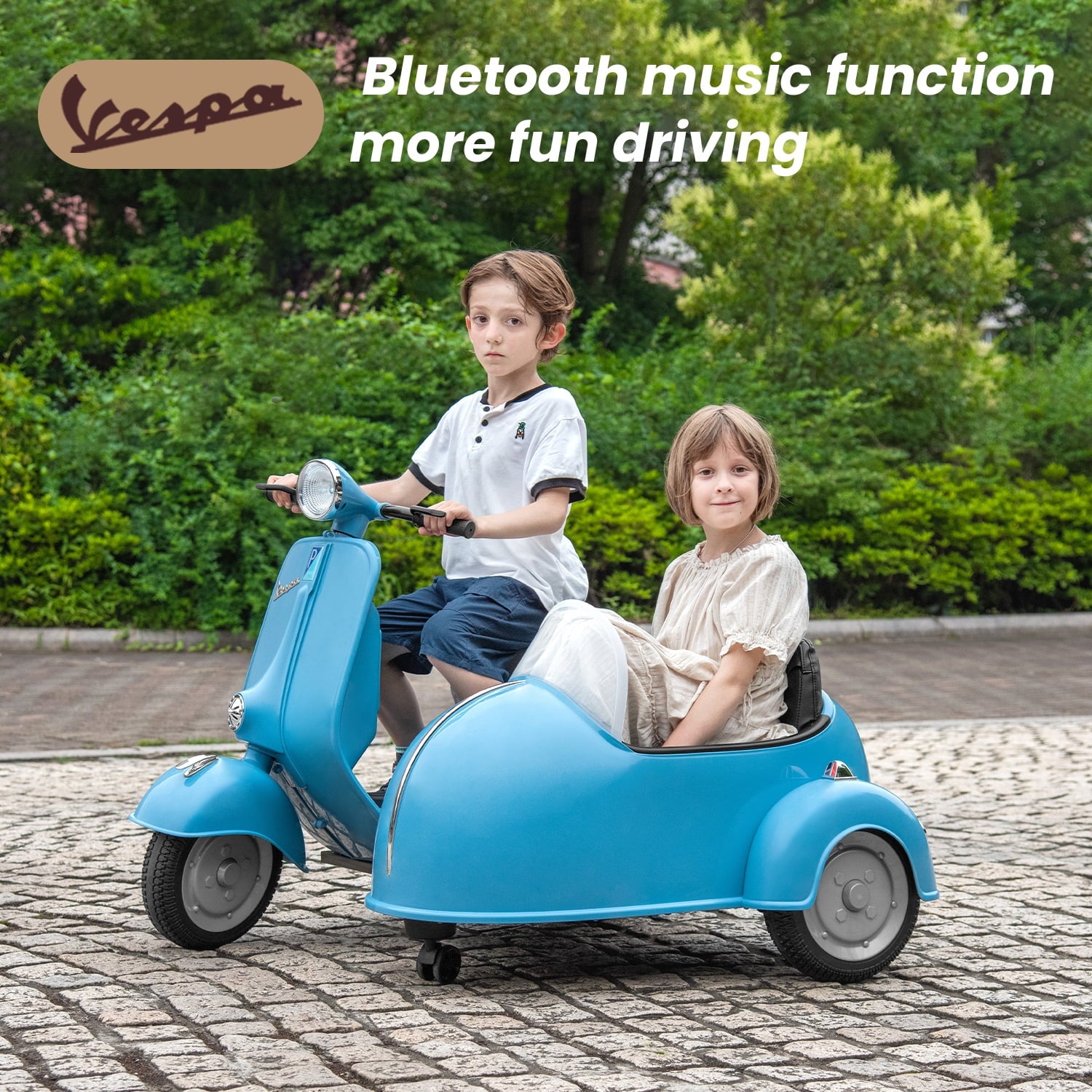 Track Seven 2-Seater Ride on Motorcycle, 12V Licensed Vespa Electric Motorcycle wth Side Car, 2-Seater Ride on Car, Music, Max Speed 4.8mph, Blue