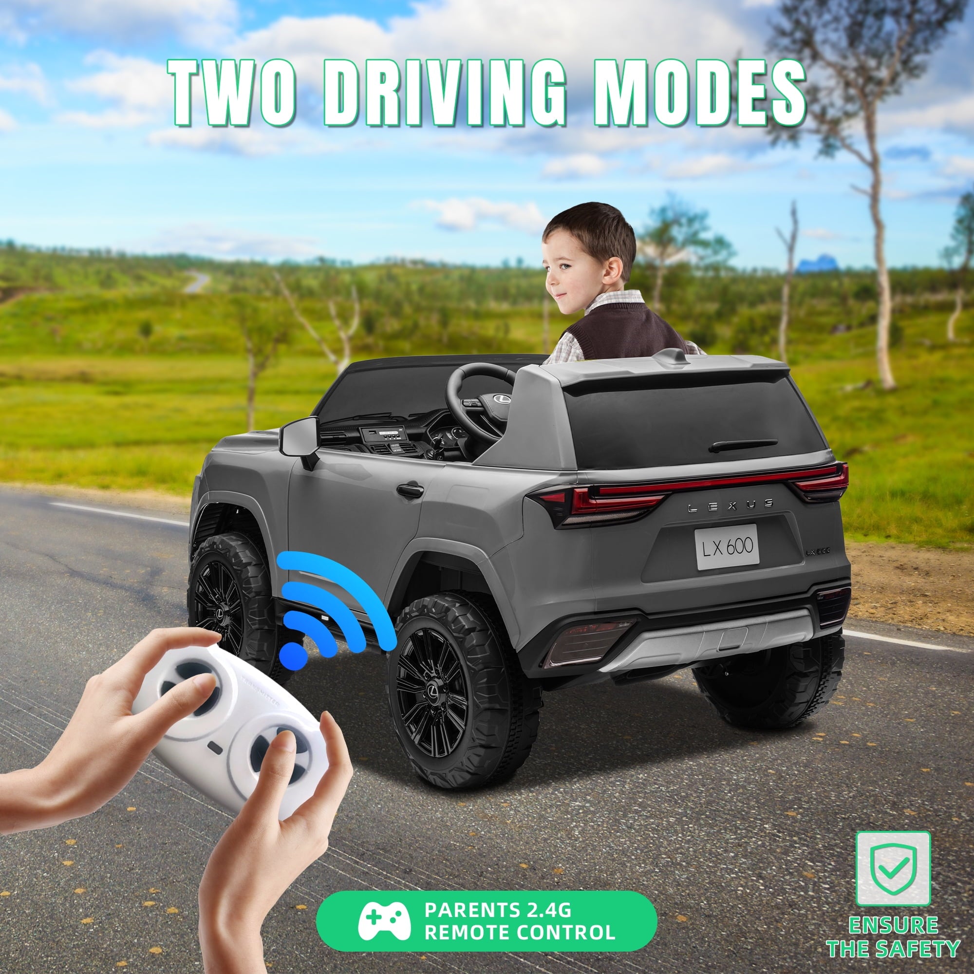 Track 7 24V 2 Seater Ride on Car, Licensed LEXUS LX600 Electric Car with Remote Control, 20" Width Seat, Bluetooth, LED Lights, Key Start, Portable Handle, 24V Ride on for Boys Girls Age 3+, Grey