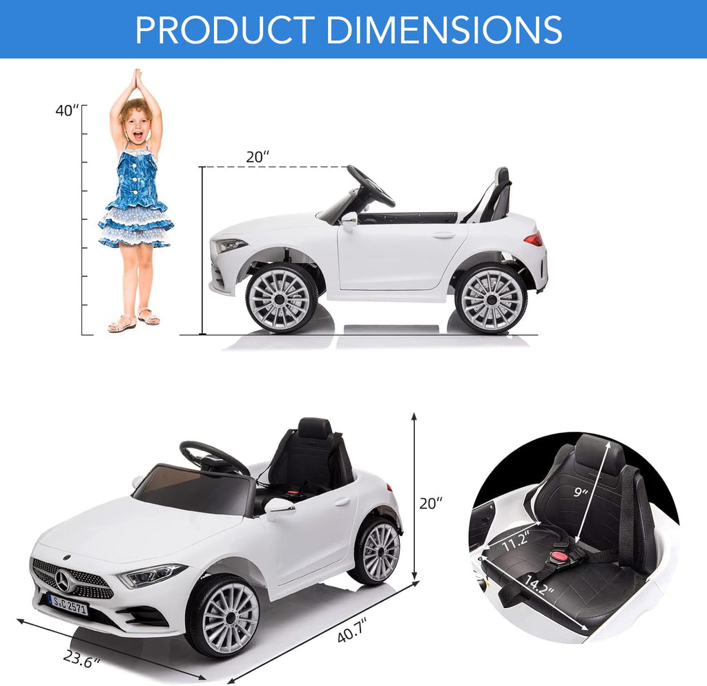 Track 7 12V Ride on Car, Licensed Mercedes-Benz CLS 350 Electric Car for Kids, Ride on Car with Remote Control, Music, Power Display, LED Lights, MP3, Kids Car for Age 3+, White