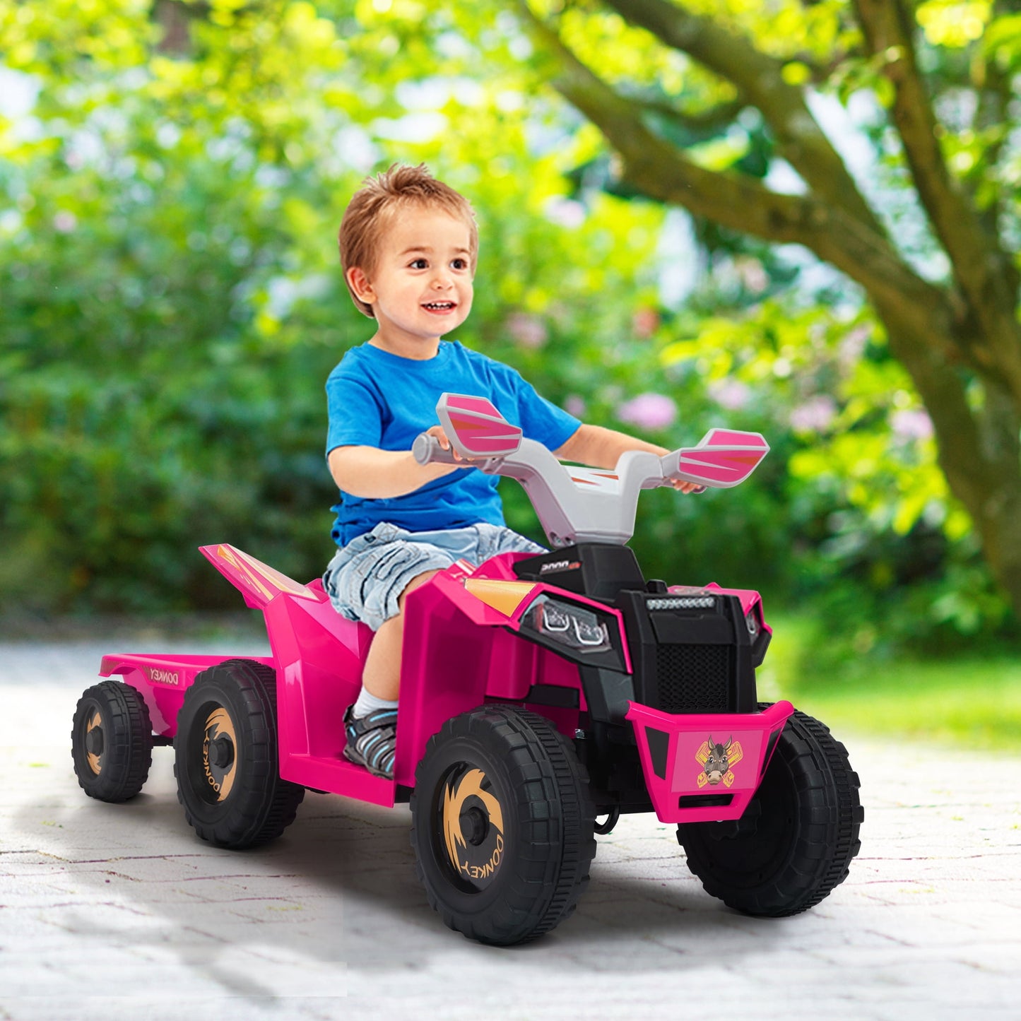 Track 7 Kids Ride on ATV with Trailer, 4 Wheeler Electric Quad Vehicle, Ride on Car with Music, Horn, Power Display, Kids Electric ATV, Rose Red