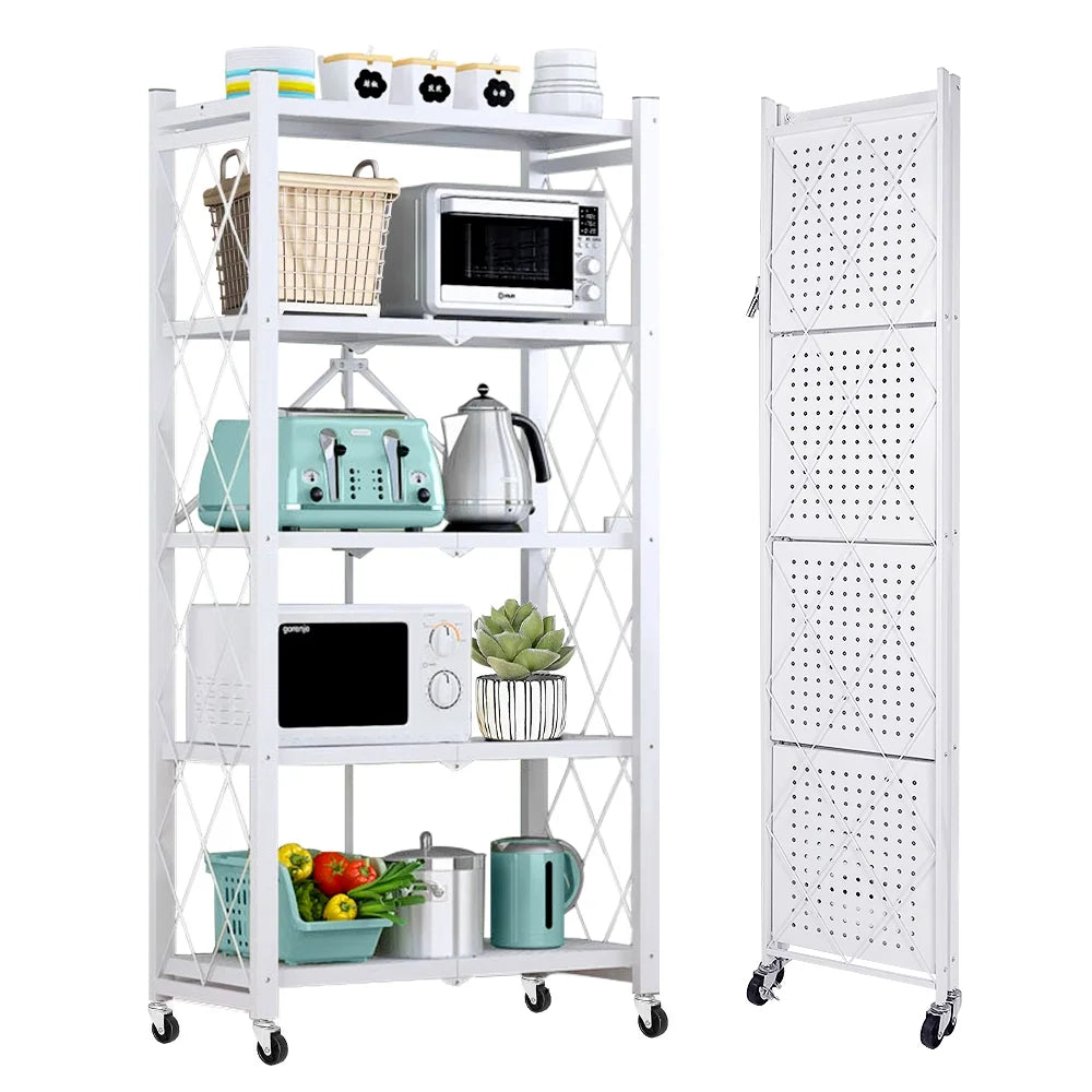 COOKCOK 5-Tier Storage Shelving Unit, Metal Shelf 27.9"x13.4"x62.5, Foldable Storage Shelf with Wheels, Garage Shelf, Metal Storage Rack, Kitchen Shelf with 4 Hooks