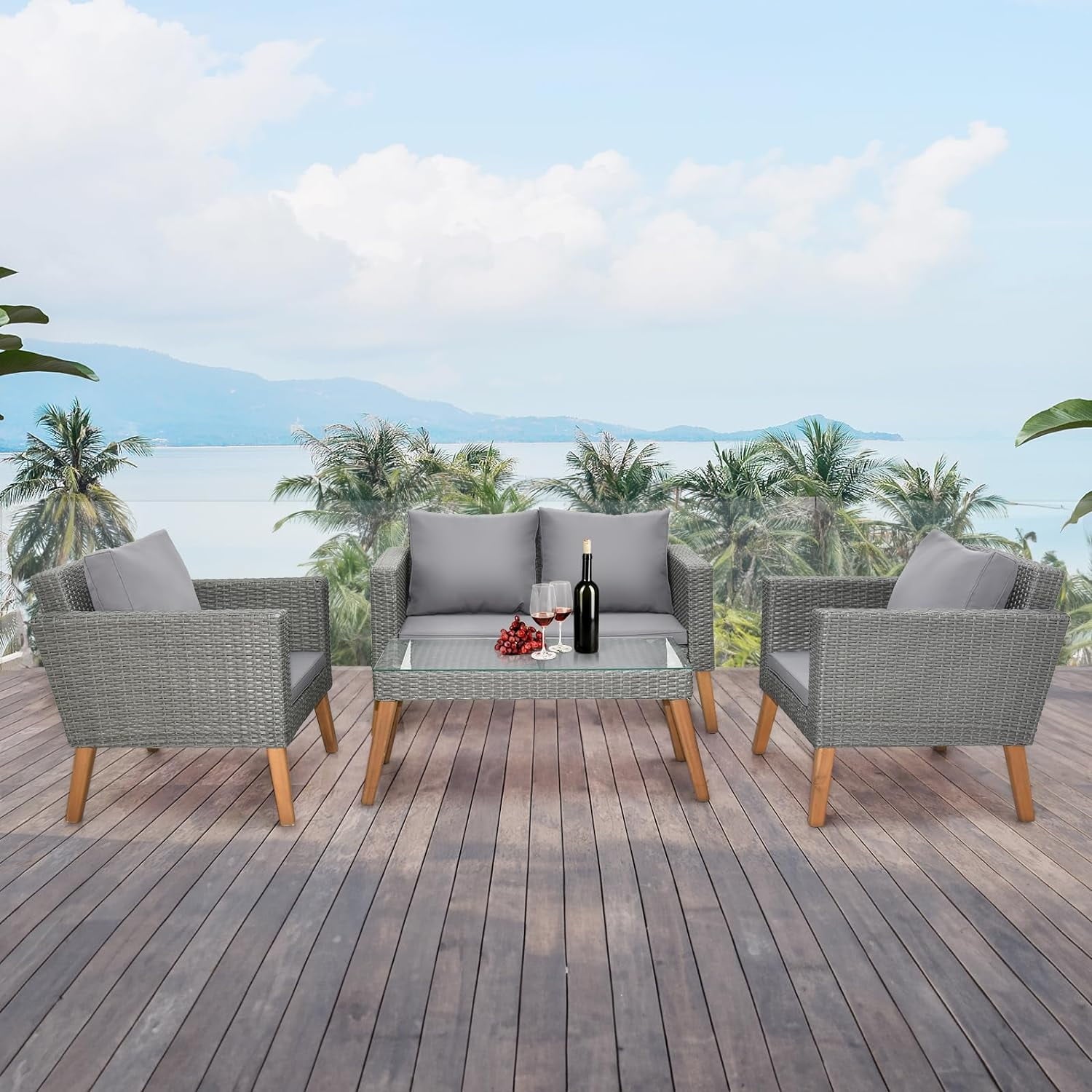 COOKCOK Patio Furniture Set, 4 Piece Garden Conversation Set, Outdoor  Patio Loveseats with Resin Rattan Table for Porch, Poolside, Gray
