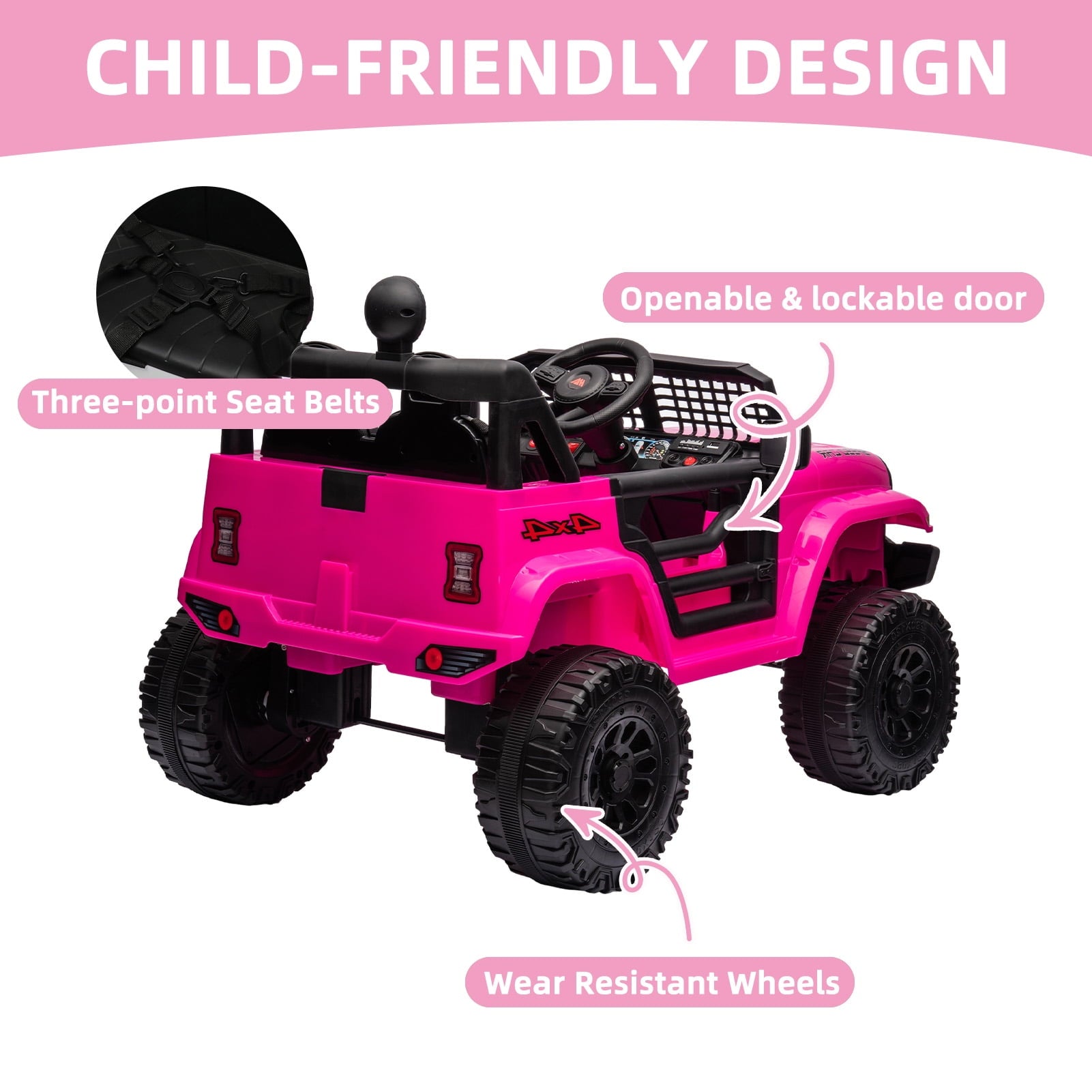Track 7 Kids Ride on Truck, 12V Ride on Car with Remote Control, Kids Electric Car, Bluetooth, LED Lights, MP3, Pink