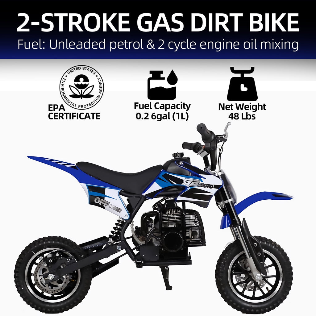 Track 7 49CC 2-Stroke Kids Dirt Bike, Off Road Gas Motorcycle, Up to 20Mph, Gas Dirt Bike w/Rear Suspension, Pull Start, Front & Rear Disc Brake, Blue