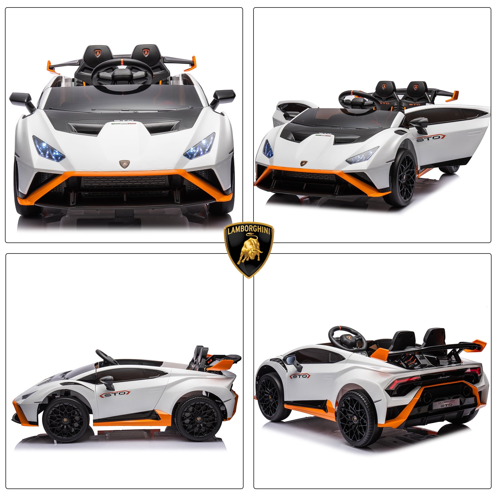 Track Seven 24V Kids Ride on Car, Licensed Lamborghini STO Electric Car for Boys Girls, 2-Seater Ride on Drift Car with Remote Control, Music, 360° Spin, Max Speed 6mph, White