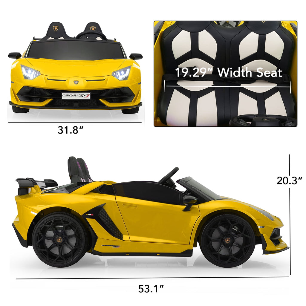 Track 7 24V Ride on Car, Licensed Lamborghini Drifting Car, 2-Seater Electric Car with Remote Control, MP3, LED Lights, PU Seat, Portable Handle, Yellow
