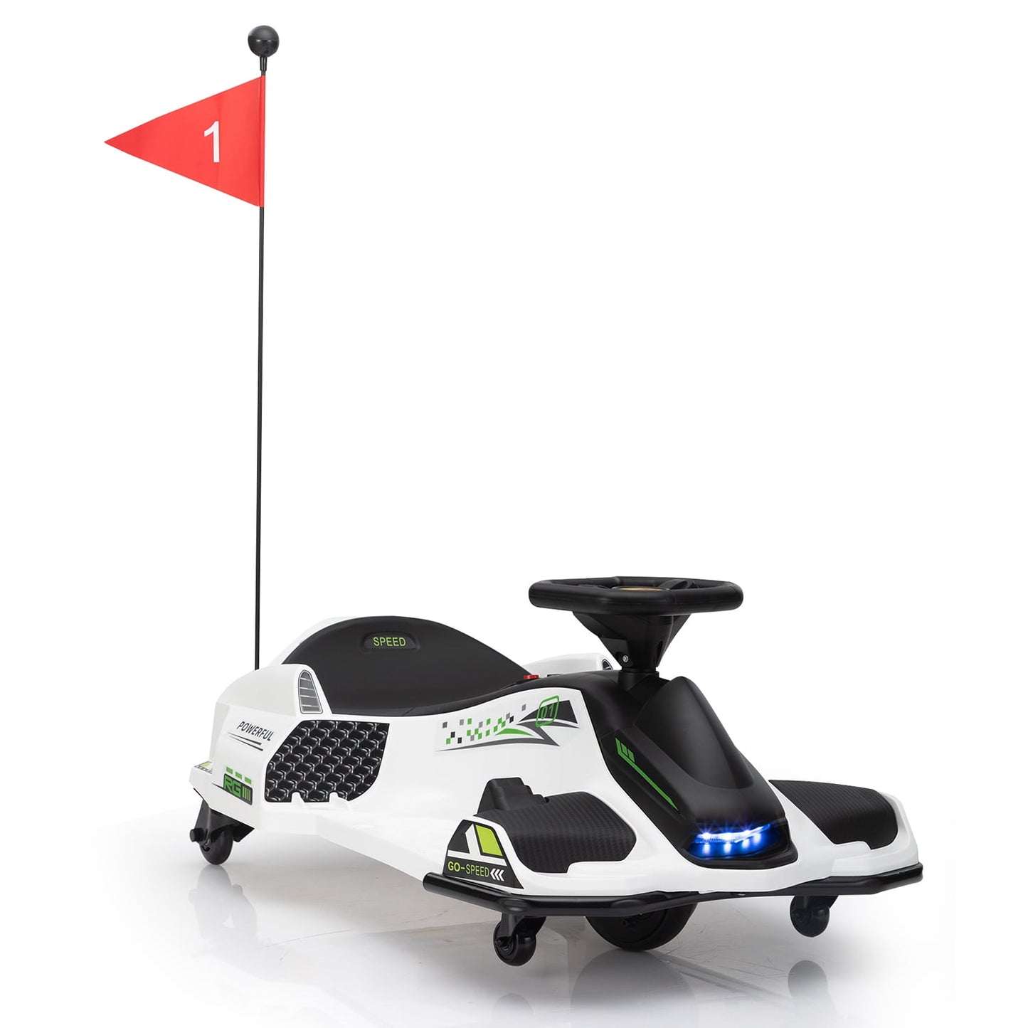 Track 7 12V Ride-On Drifting Car, Kids Electric Go Kart with Protector, Ride On Racing Car with 360° Spin, USB, LED Lights, Max Speed 5 mph, Age 8-12 Years, White