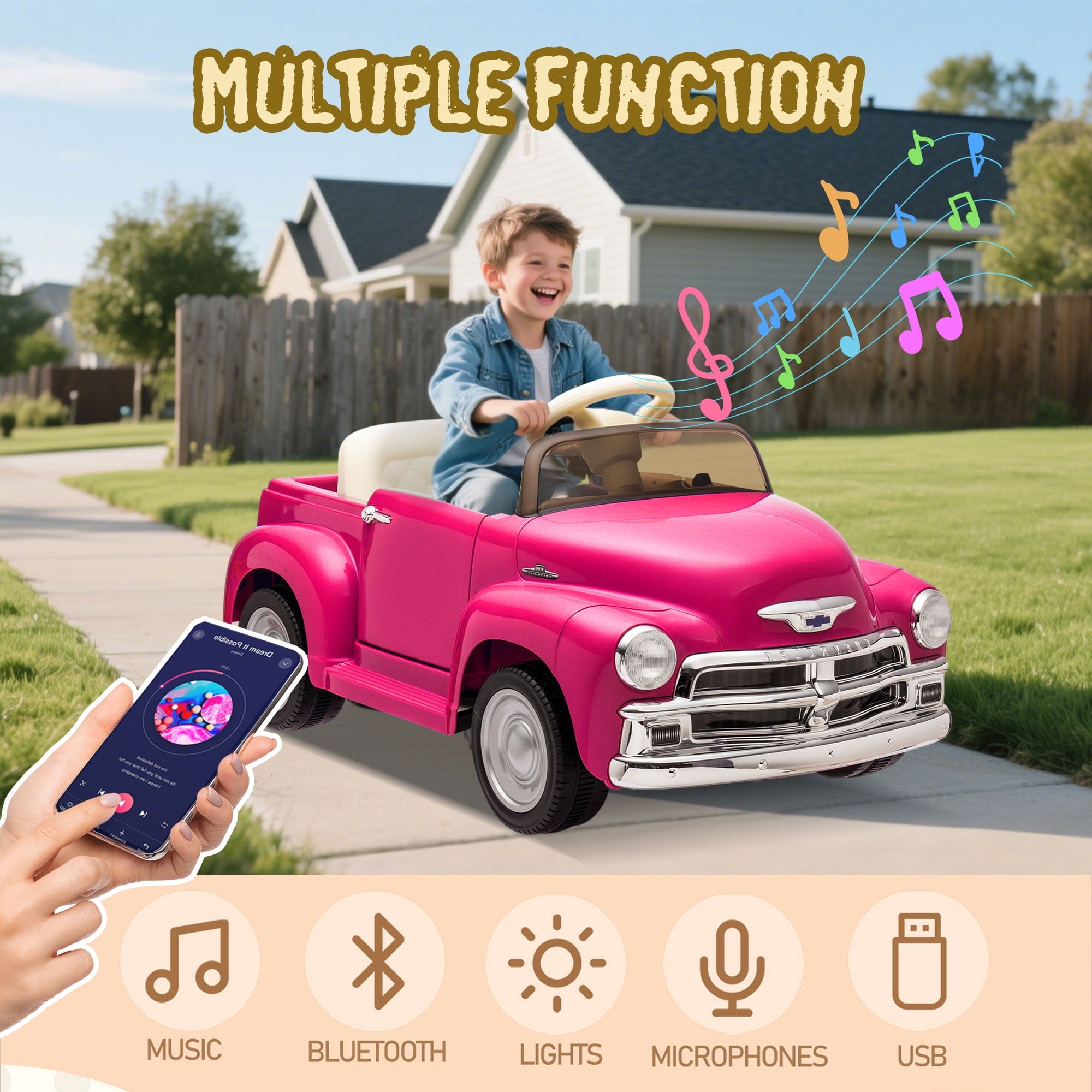 Track Seven 12V Kids Ride on Car, Licensed Chevrolet 3100 Pickup Electric Car with Remote Control, LED Lights, Bluetooth, Power Indicator, Storage, Kids Ride on Truck Toy for Boys Girls Age 3+, Pink