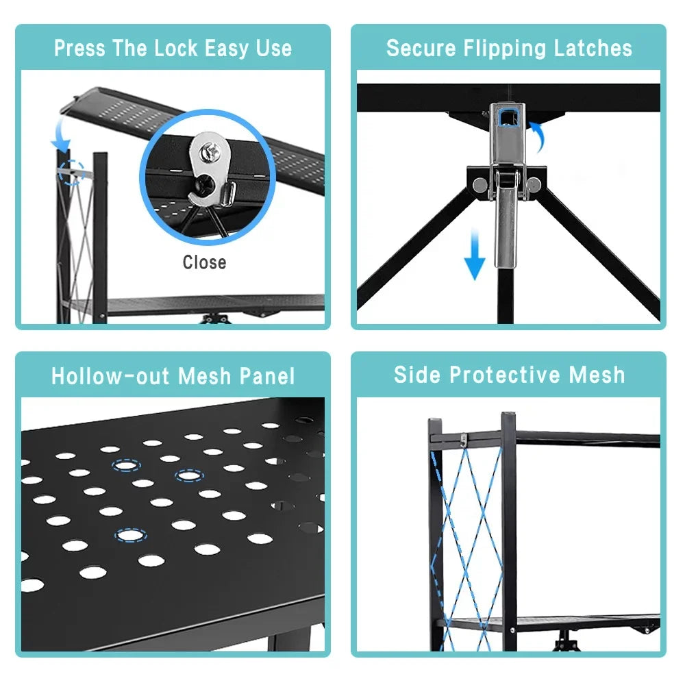 COOKCOK 5-Tier Storage Shelving Unit, Metal Shelf 27.9"x13.4"x62.5, Foldable Storage Shelf with Wheels, Garage Shelf, Metal Storage Rack, Kitchen Shelf with 4 Hooks