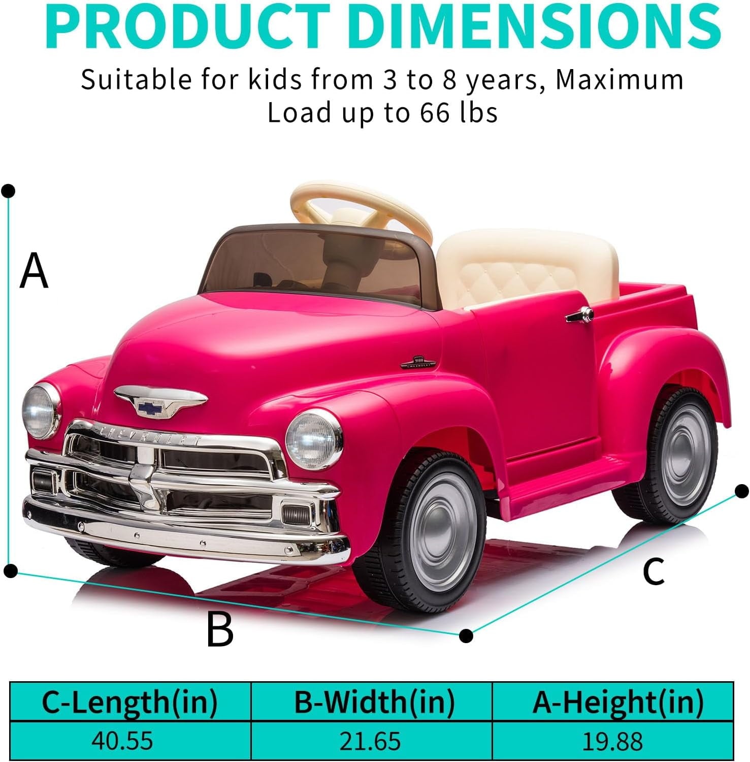Track 7 12 V Ride on Car, Licensed Chevrolet 3100 Pickup Electric Car for Boys Girls, LED Lights, Bluetooth, USB, Storage Space, Remote Control, Ride on Toy Vehicle, Pink