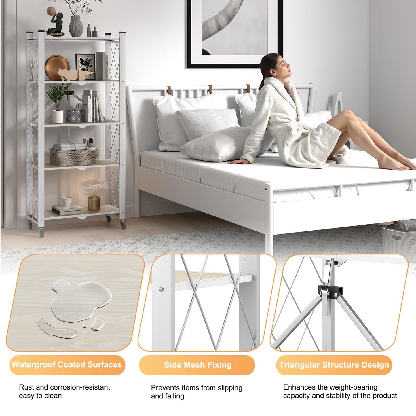 COOKCOK 5-Tier Storage Shelving Unit, Folding Bookshelf, Metal Shelf 27.9"x13.4"x62.5, Foldable Storage Shelf with Wheels, Garage Shelf, Kitchen Shelf, No Assemble Require, White
