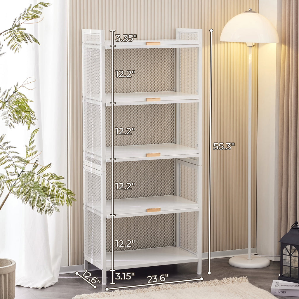COOKCOK 5-Tier Storage Shelf, Kitchen Storage Cabinet with Flip-up PC Doors, Mobile Microwave Stand, Freestanding Kitchen Bakers Rack with 4 Rolling Casters, 23.62"x12.59"x55.51", White
