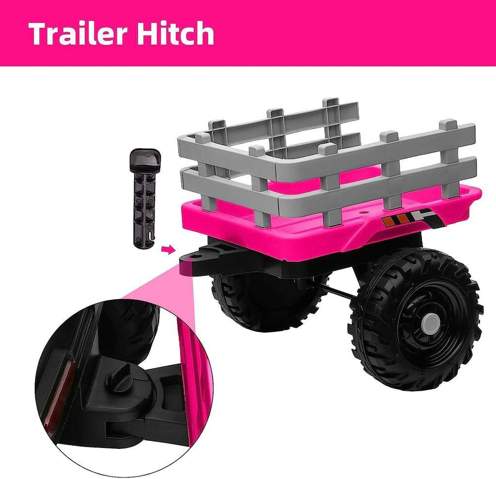 Track 7 12V Ride on Tractor with Trailer, Kids Electric Car with Remote Control, Bluetooth, MP3, LED Lights, 3-Gear-Shift Ground Loader, Ride on Car for Boys Girls, Rose Red