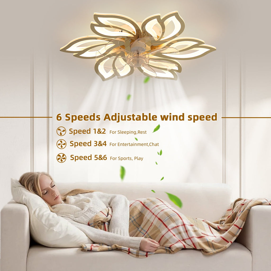 COOKCOK 25.5In Celling Fans with Lights, Flower Shape LED Ceiling Fan Lamp, 3 Color Dimming Timing 6 Wind Speed Fan Light with Remote
