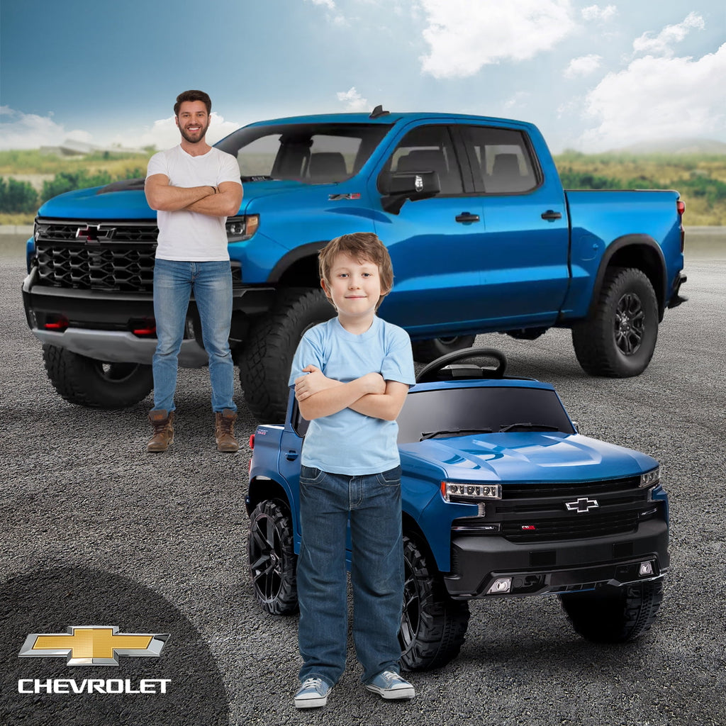 Track 7 Kids Ride on Car, 12V Chevrolet Silverado Electric Car for Boys Girls, Ride on Truck with Remote Control, Music, Age 3+, Blue