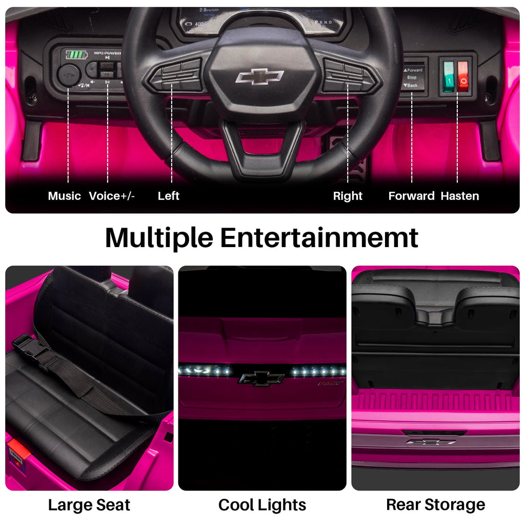 Track Seven 12V Ride on Car, Licensed Chevrolet Silverado Electric Car with Remote Control, Bluetooth, LED Lights, Power Display, Rear Storage, 12V Ride on Truck Car for Boys Girls Age 3+, Blue