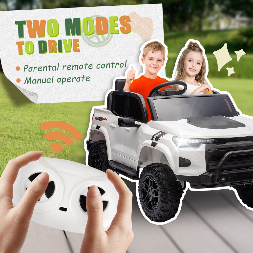 Track 7 24V Ride on Car, 2-Seater Kids Ride on Pickup Car with Remote Control, Bluetooth, 4 x 200W Motor Electric Car, 3 speeds, LED Lights, Spring Suspension, White