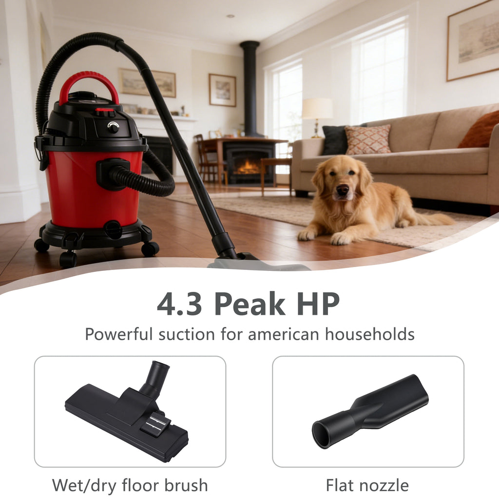 COOKCOK 5 Gallon Wet/Dry Shop Vacuum, 4.3 Peak HP Stainless Steel Professional Vacuum Cleaner with Blower Function, 3-in-1 Heavy Duty Shop Vac for Home, Garage, Workshop and Jobsite