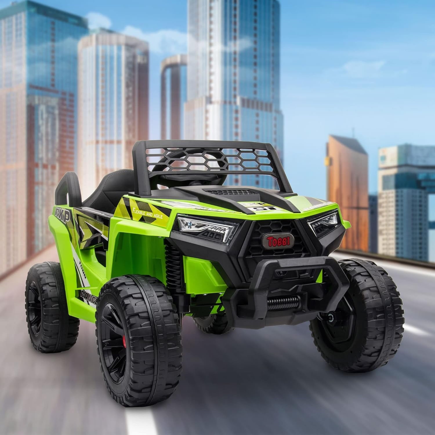 Track 7 12V Kids Ride on Truck, Electric Off-Road UTV Truck with Forward and Reverse Functions, Double Open Doors, Safety Belt, Music and Lights for Kids Aged 3-6 Years, 5 Mph Max Speed, Green