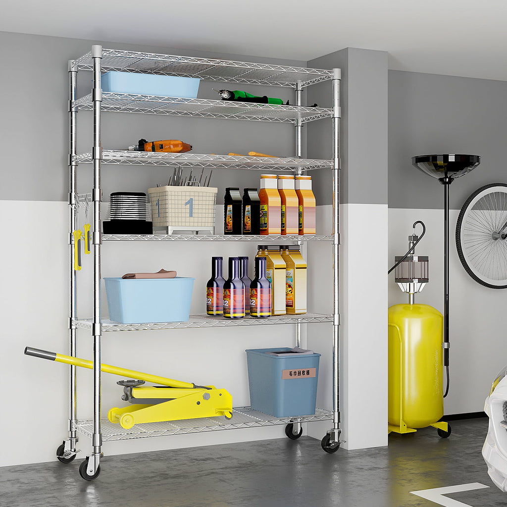 COOKCOK 6-Shelf Wire Shelving Unit, 46.06" x 17.71" x 81.88" Heavy Duty Steel Wire Rack, Adjustable Storage Shelving Rack with Wheels, Commercial Metal Shelf for Kitchen,Garage, Pantry, Silver