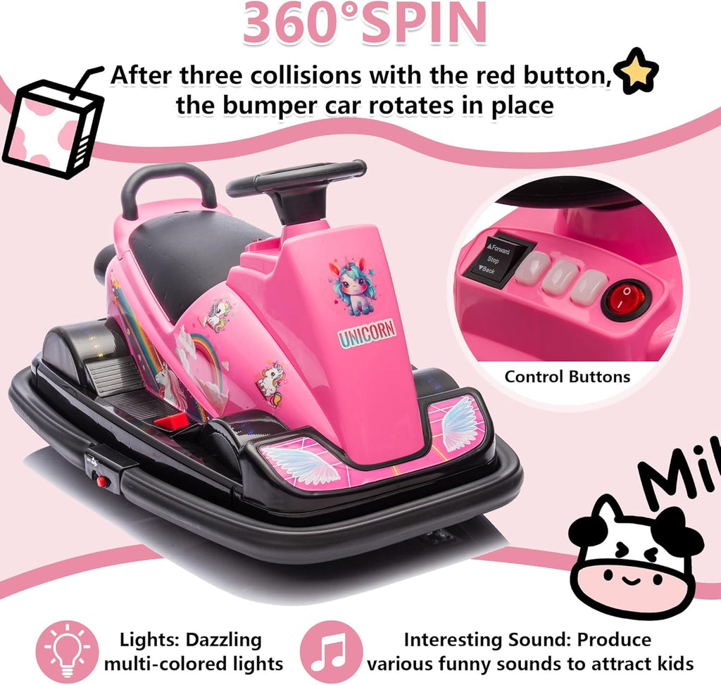 Track 7 12V Ride on Bumper Car, Kids Electric Car with Horn, Music, Four-Wheel LED Waterfall Lights, 360 Degree Spin and DIY Sticker, Bumper Car for Kids & Toddlers 2-5 Years, Pink