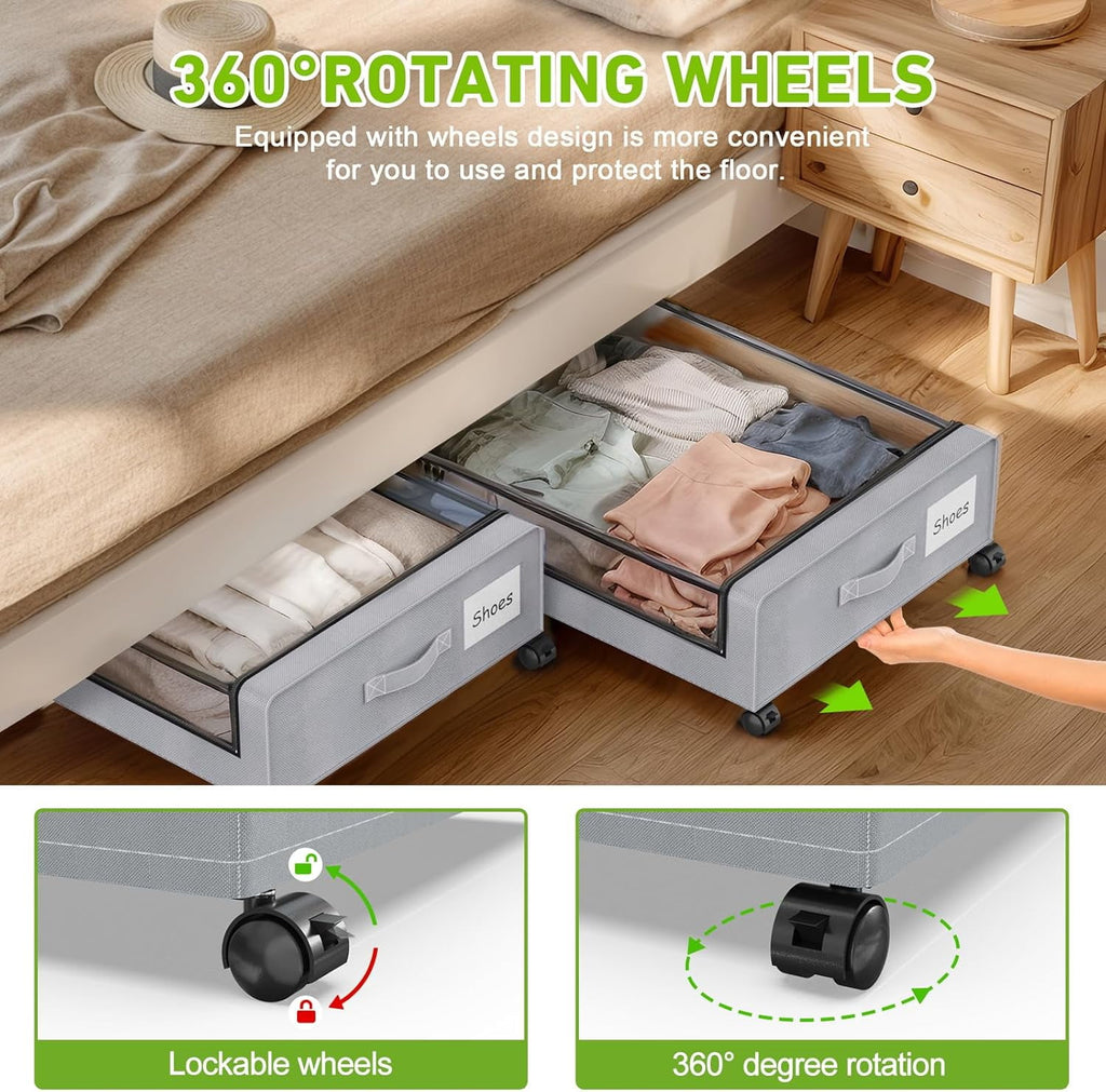 COOKCOK Under Bed Storage with Wheels, 2-Pack Underbed Storage Containers with Clear Lids & Label, Rolling Under the Bed Storage Bins, Rolling Metal Drawer for Clothes, Shoes, Toys, Books, Grey
