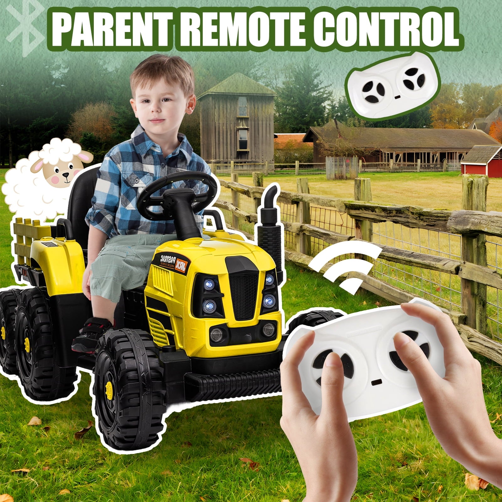 Track 7 12V Ride on Tractor with Trailer, 3-Gear-Shift Ground Loader, Kids Ride on Car with Remote Control, Bluetooth, Music, LED Lights, Electric Car for Boys Girls, Yellow