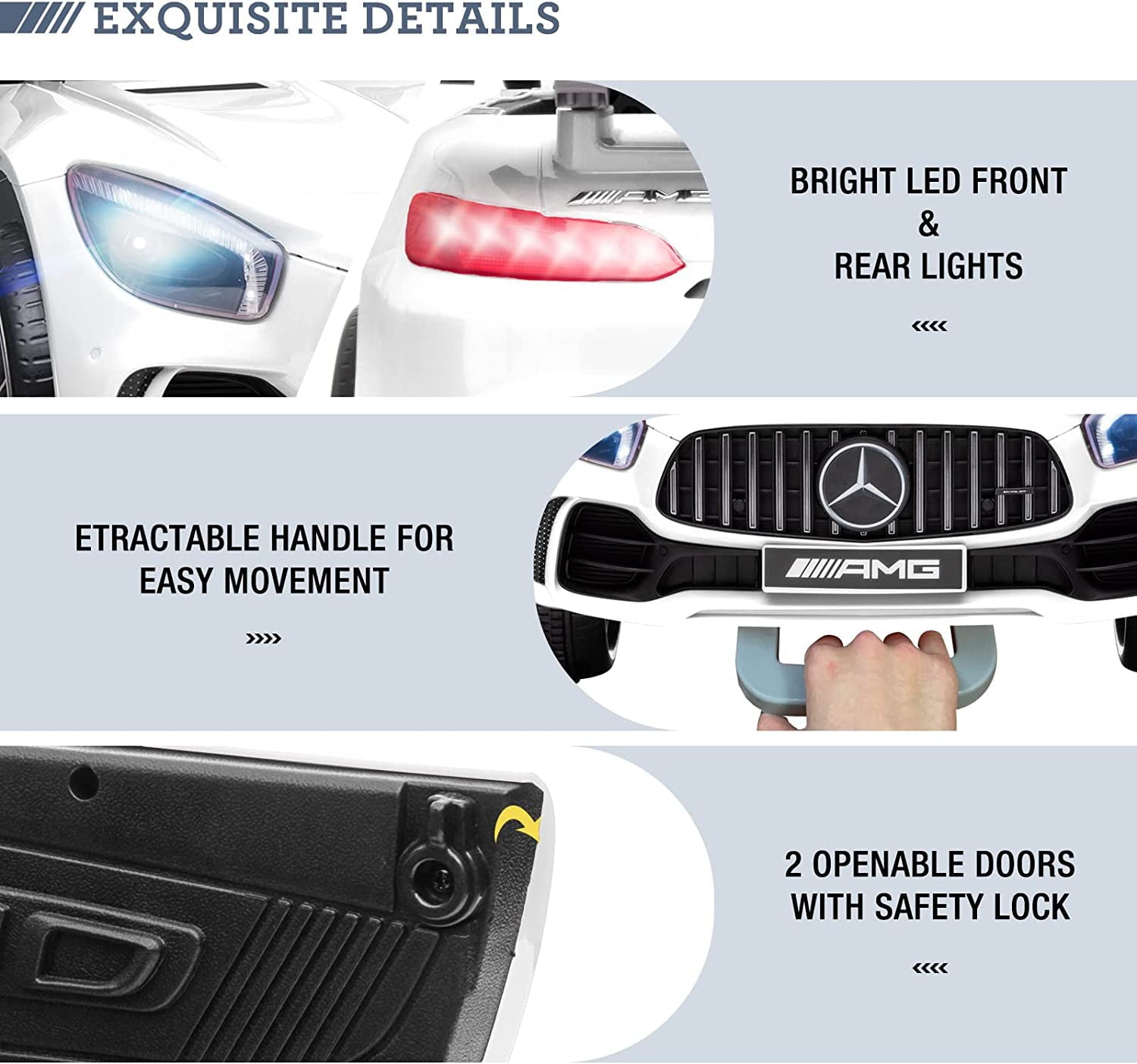 Track 7 Ride on Car with Remote Control, Licensed Benz Electric Car for Kids, 12V Electric Vehicles with AUX/FM/USB, LED Lights, White