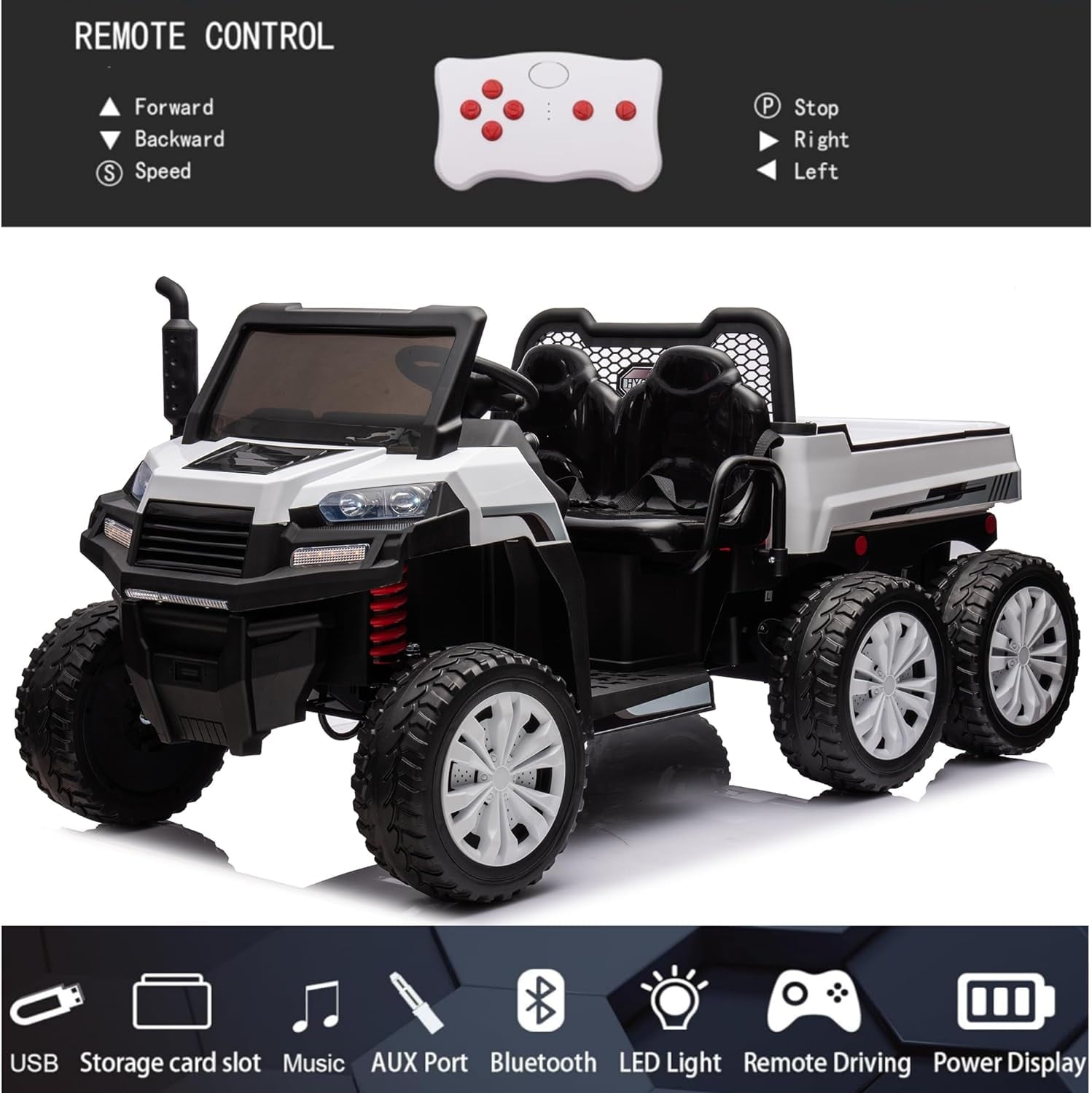 Track 7 24V Ride on Car, 2-Seater Ride On Dump Truck, 6 Wheels Electric Car with Remote Control, Music, Shift Lever, off-Road Ride on UTV, White