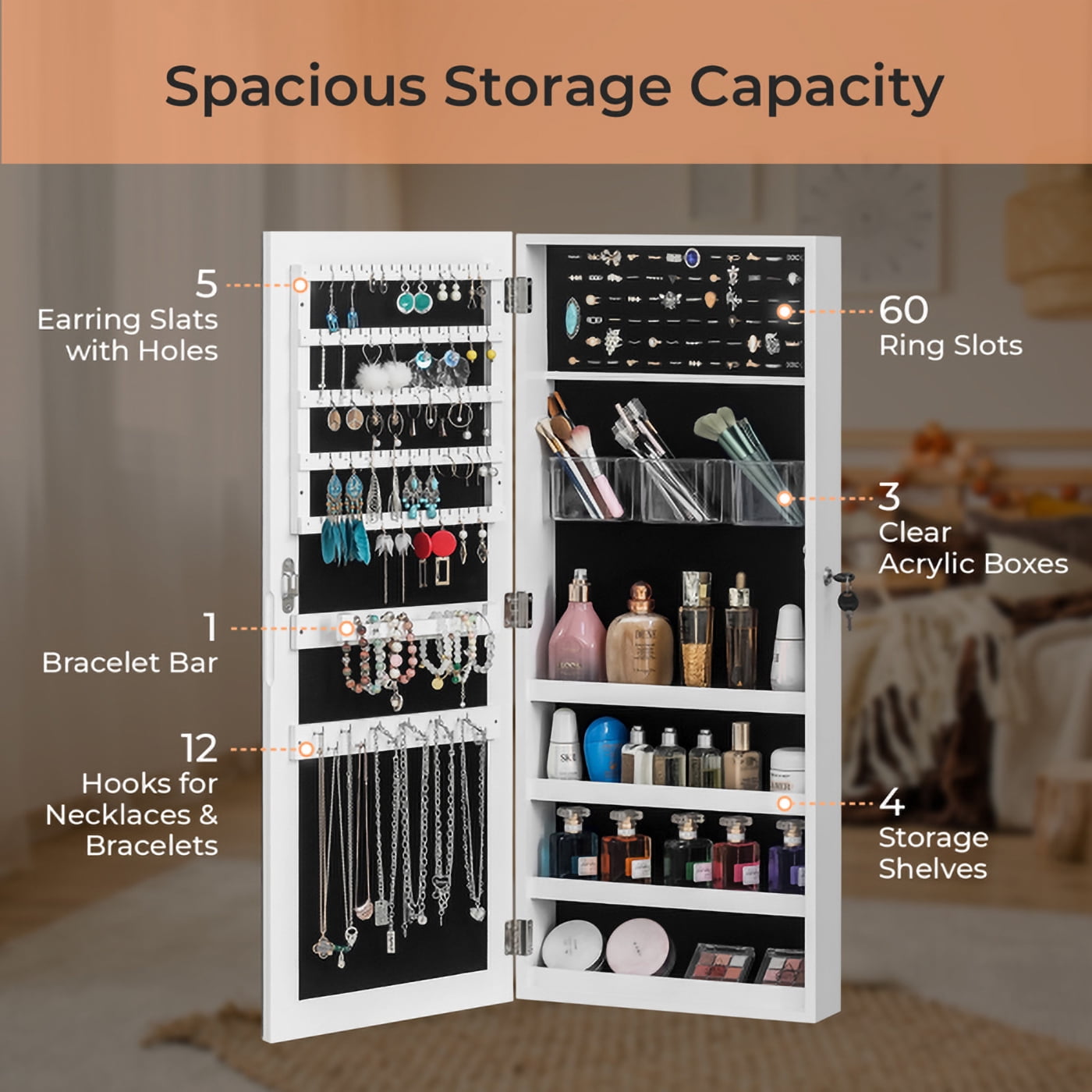 COOKCOK Jewelry Armoire with Full Length Mirror, Wall/Door Mounted Armoire Cabinet, PVC Wood Jewelry Storage for Necklaces, Earrings, Cosmetic, White
