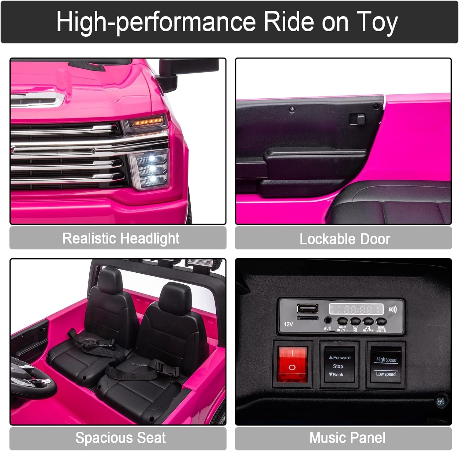 LISUEYNE 24 V Ride on Car, Licensed Silverado HD 2 Seater Electric Car for Boys Girls Age 3+, 24 V Ride on Truck with Remote Control, Music, ABC, Pink