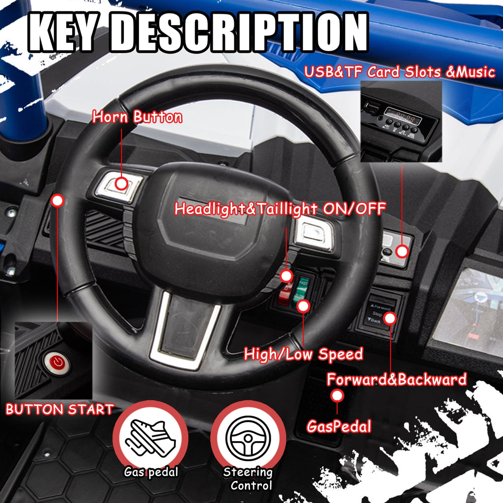 Track 7 24V Ride on UTV, 2-Seater Ride on Car with Remote Control, Music, 2 Speed, Key Start, 4x4 Ride on Off-Road Truck, Blue