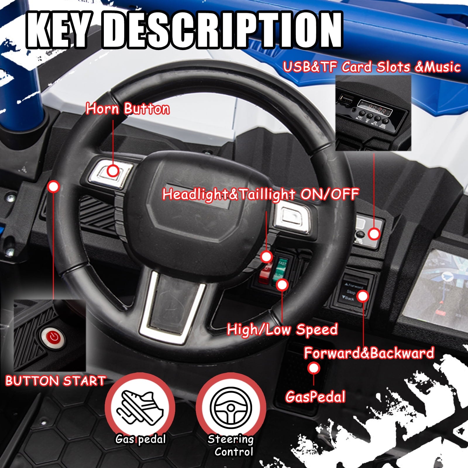 Track 7 24V Ride on UTV, 2-Seater Ride on Car with Remote Control, Music, 2 Speed, Key Start, 4x4 Ride on Off-Road Truck, Blue