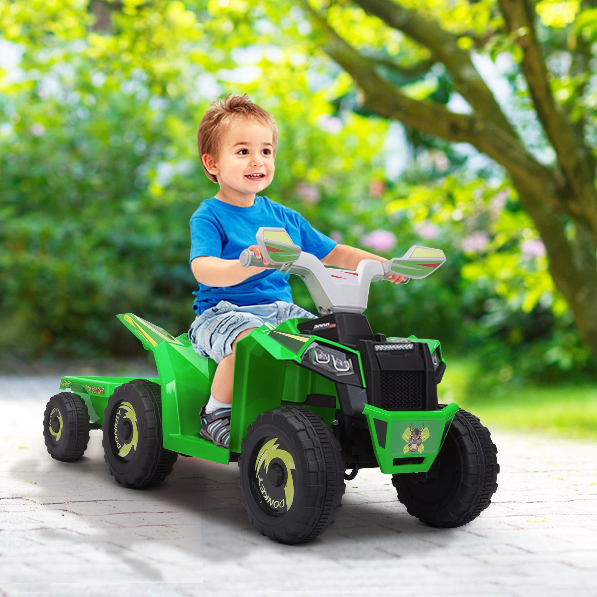 Track 7 Kids Ride on ATV with Trailer, 4 Wheeler Electric Quad Vehicle, Ride on Car with Music, Horn, Power Display, Kids Electric ATV, Green