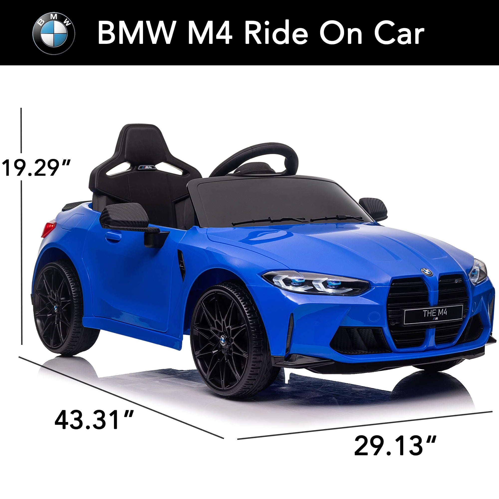Track 7 12V Ride on Car, Licensed BMW M4 Electric Car, Kids Ride on Car with Remote Control, Bluetooth, Lights, Portable Handle, Blue